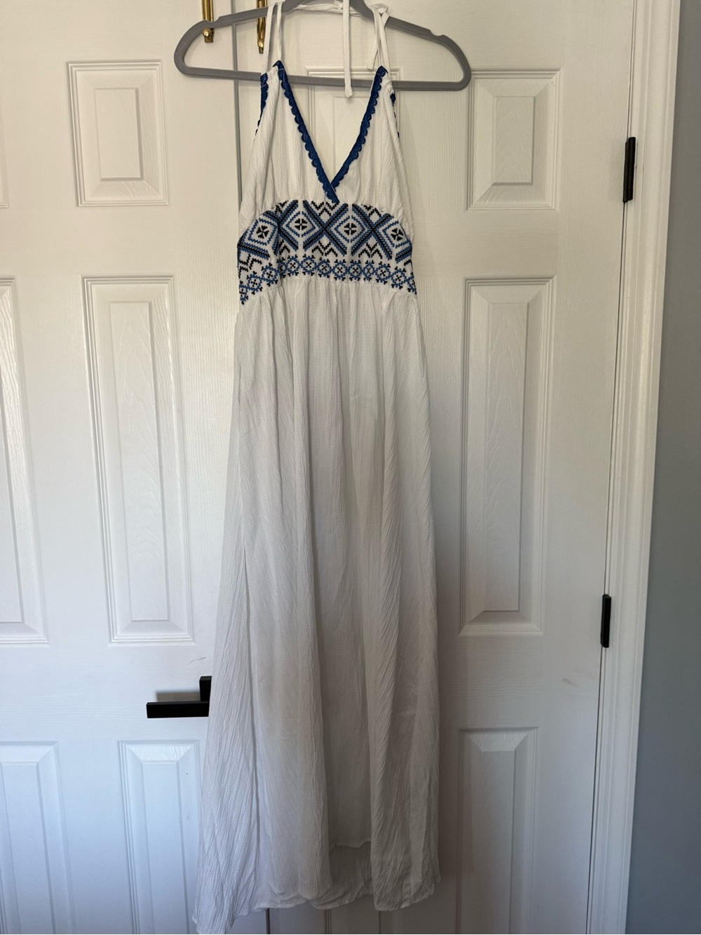 White Maxi Dress with Blue Embroidered Waist